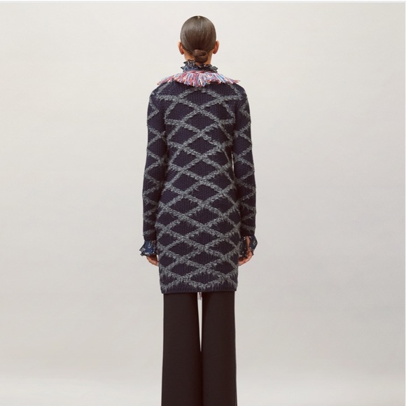 TORY BURCH TWEED TRIM LONG WOOL CARDIGAN WITH ALLOVER FRINGE IN TORY NAVY SIZE S - Picture 4 of 8